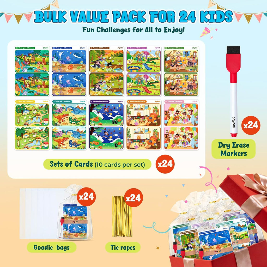 JoyCat Paquete de 24 tarjetas de juego de Spot the Difference para niños, recuerdos de fiesta reutilizables de borrado en seco, premios de aula, rellenos de bolsas de golosinas y regalos de devolución de cumpleaños para edades de 4 a 8 años
