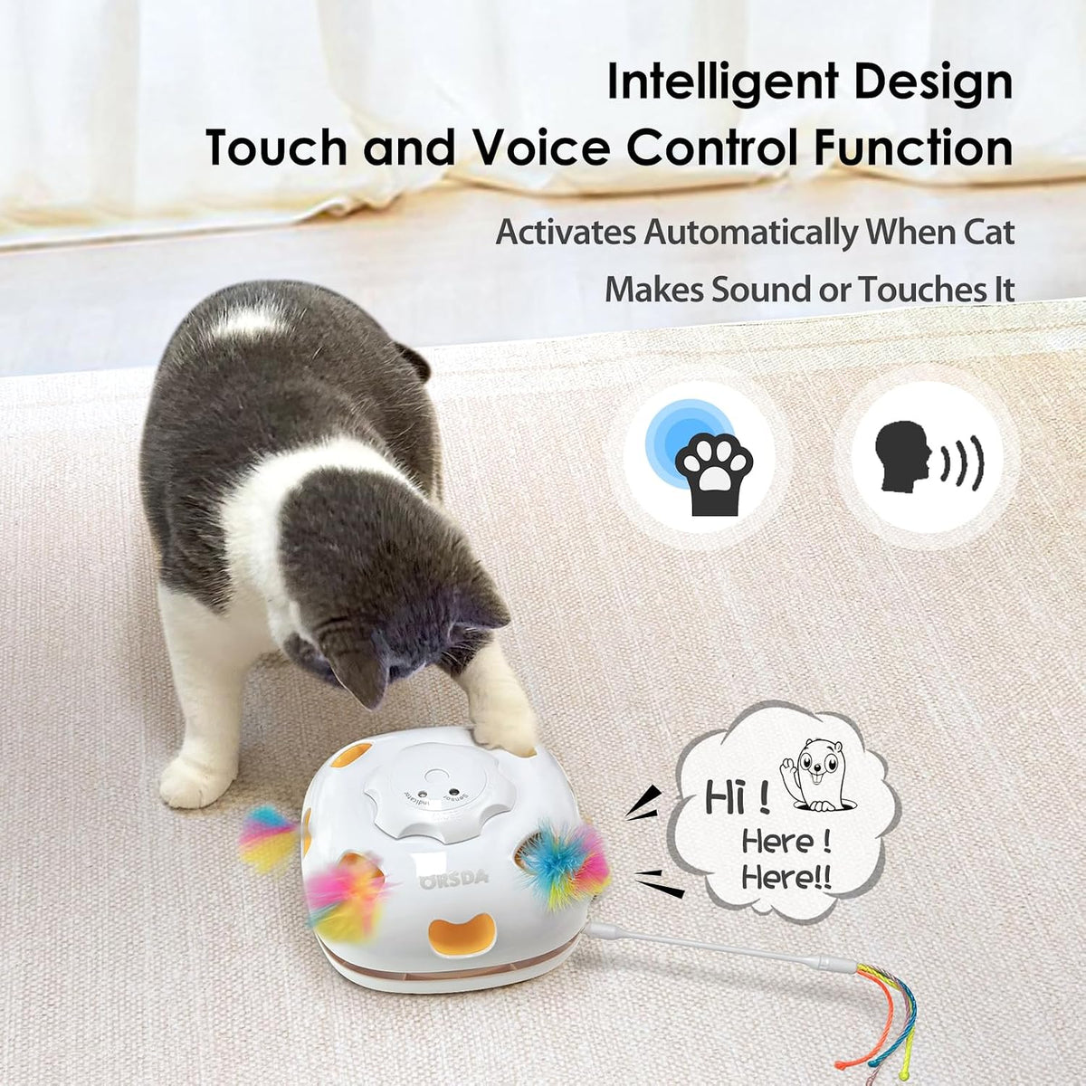 ORSDA Juguetes interactivos 4 en 1 para gatos - Juguetes automáticos para gatos de interior y gatitos, ratones de 8 agujeros Whack-A-Mole, juego de escondite con movimiento inteligente con 5 piezas de