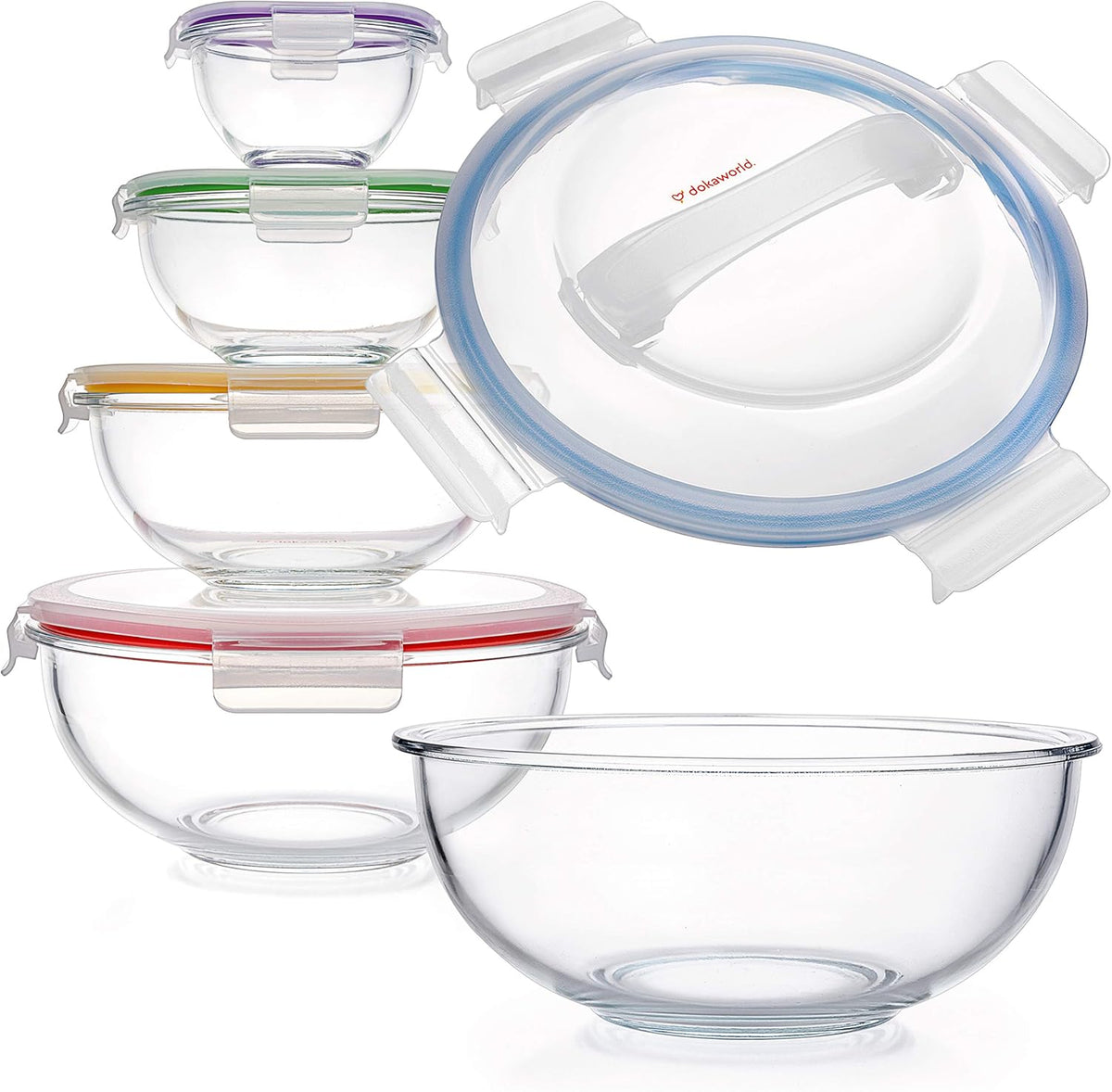 Juego de 5 cuencos de vidrio anidables apilables que ahorran espacio con tapas sin BPA para preparación de alimentos, almacenamiento, hornear, mezclar y cocinar, aptos para microondas
