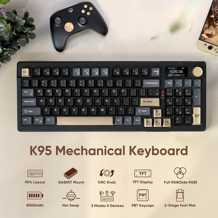 RedThunder Teclado mecánico inalámbrico K95, pantalla y perilla TFT...
