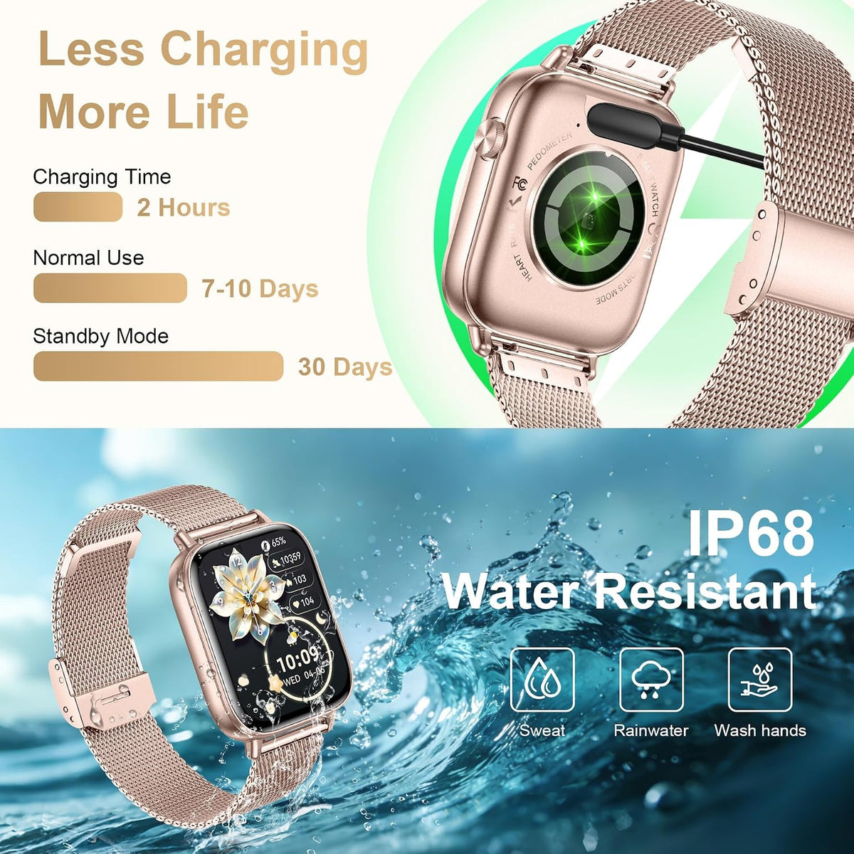 Reloj inteligente para mujer, rastreador de fitness HD de 1.85 pulgadas (respuesta/hacer llamadas/mensajes), más de 130 modos deportivos con frecuencia cardíaca 24/7/monitor de sueño/podómetro
