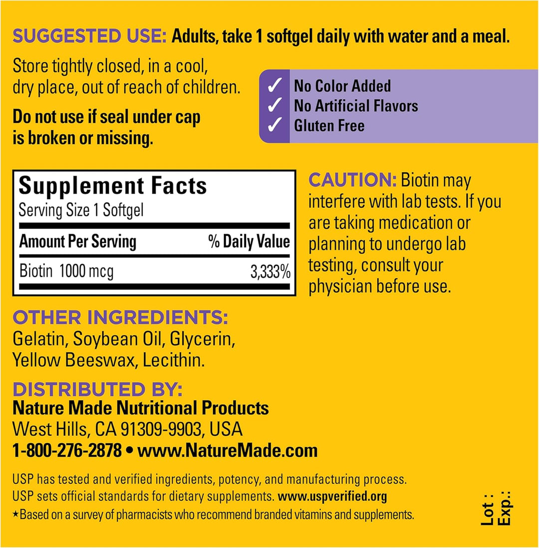 Nature Made - Biotina una por día (vitamina B7) 1000 mcg. Cápsulas...