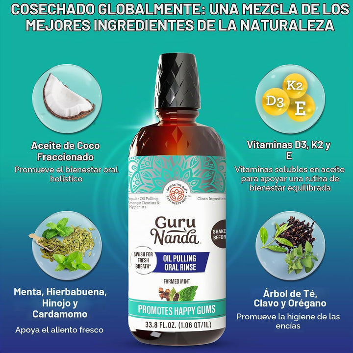 GuruNanda Enjuague Bucal de Aceite de Coco y Menta para Higiene Ora...