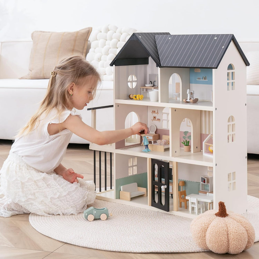 Casa de muñecas de madera para niños, juego de casa de muñecas de juguete de estilo moderno de 6 habitaciones