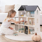 Casa de muñecas de madera para niños, juego de casa de muñecas de juguete de estilo moderno de 6 habitaciones