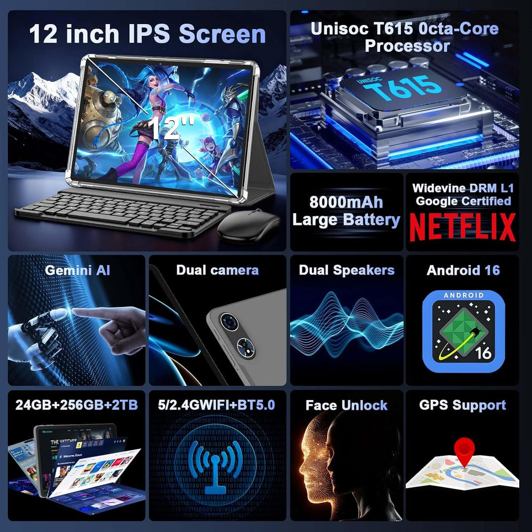 Tableta mejorada de 12 pulgadas, tableta Android 16 con paquete de...