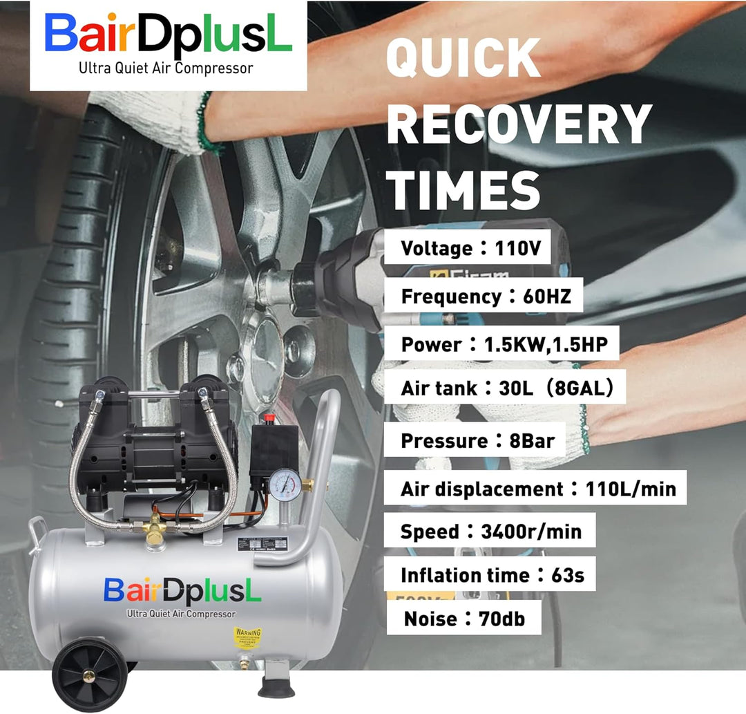 BairDplusL - Compresor de aire ultra silencioso de 8 galones, 110 V...