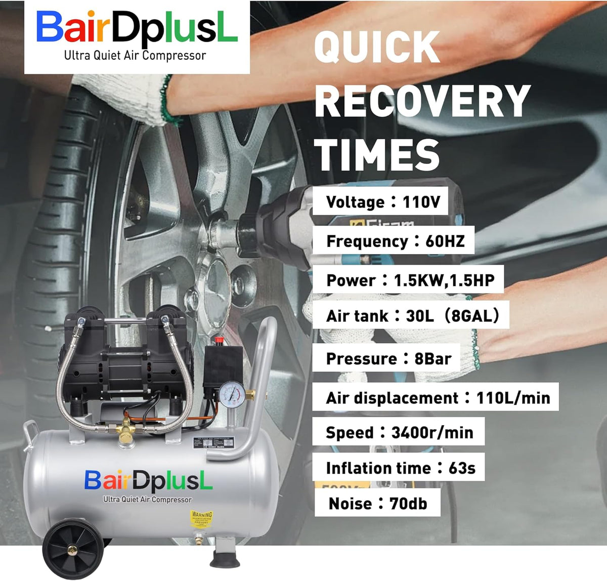 BairDplusL - Compresor de aire ultra silencioso de 8 galones, 110 V...