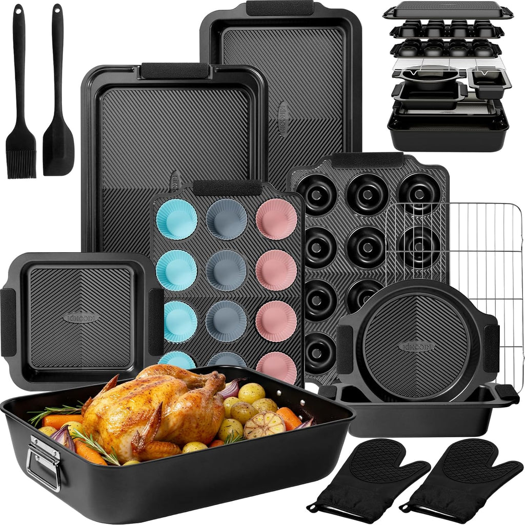 Kikcoin - Juego de 25 sartenes antiadherentes para hornear con bandeja grande para asar pavo, juego de utensilios de cerámica apilables para hornear de 450 °F con asas de silicona, hojas de galletas