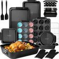 Kikcoin - Juego de 25 sartenes antiadherentes para hornear con bandeja grande para asar pavo, juego de utensilios de cerámica apilables para hornear de 450 °F con asas de silicona, hojas de galletas