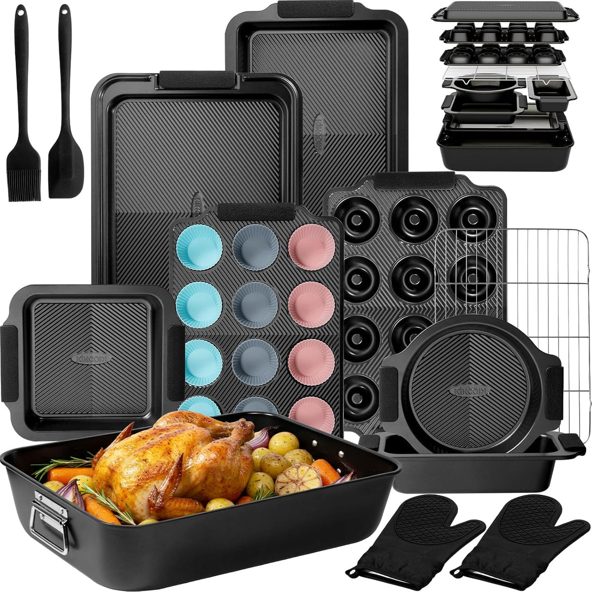 Kikcoin - Juego de 25 sartenes antiadherentes para hornear con bandeja grande para asar pavo, juego de utensilios de cerámica apilables para hornear de 450 °F con asas de silicona, hojas de galletas