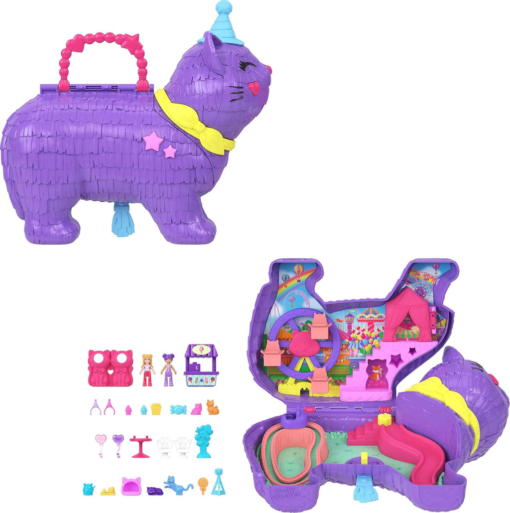 Polly Pocket Micro muñecas y set de juego con 23 accesorios sorpresa incluyendo mascotas, fiesta de cumpleaños, celebración de gatito, paseo en la rueda de la fortuna