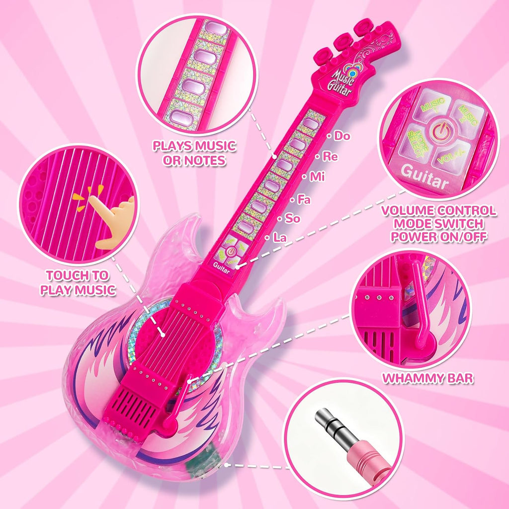 Juego de guitarra y micrófono para niños, 2 micrófonos amplificadores de voz con soporte brillante, juguete de música de karaoke con luz de escenario, regalo musical educativo para niños y niñas de 3