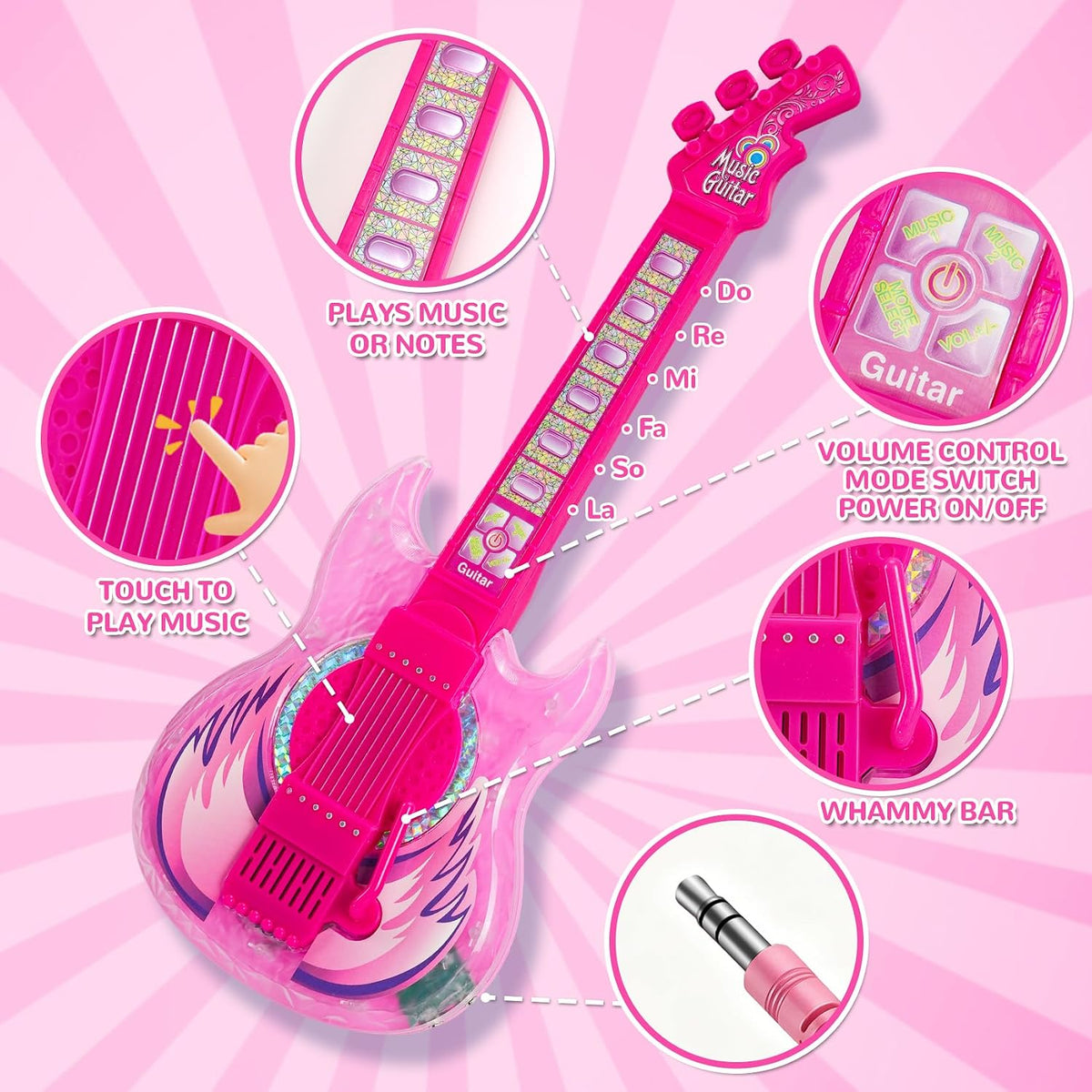 Juego de guitarra y micrófono para niños, 2 micrófonos amplificadores de voz con soporte brillante, juguete de música de karaoke con luz de escenario, regalo musical educativo para niños y niñas de 3