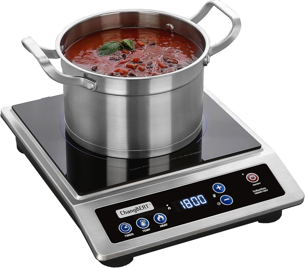 ChangBERT Estufa de Inducción, Cocina Portátil de Grado Comercial, Bobina de Calentamiento Grande de 8”, Quemador de Encimera de Acero Inoxidable Premium con Certificación NSF, Temporizador de 10 Horas Placa Caliente Profesional de 1800W