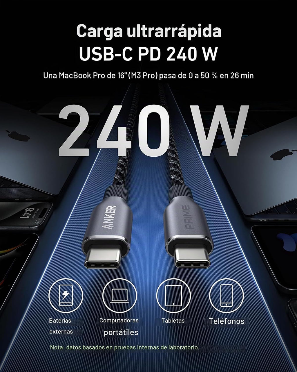 Anker Prime USB C a USB C Cable, 240W Fast carga Durable Cable (6 ft)