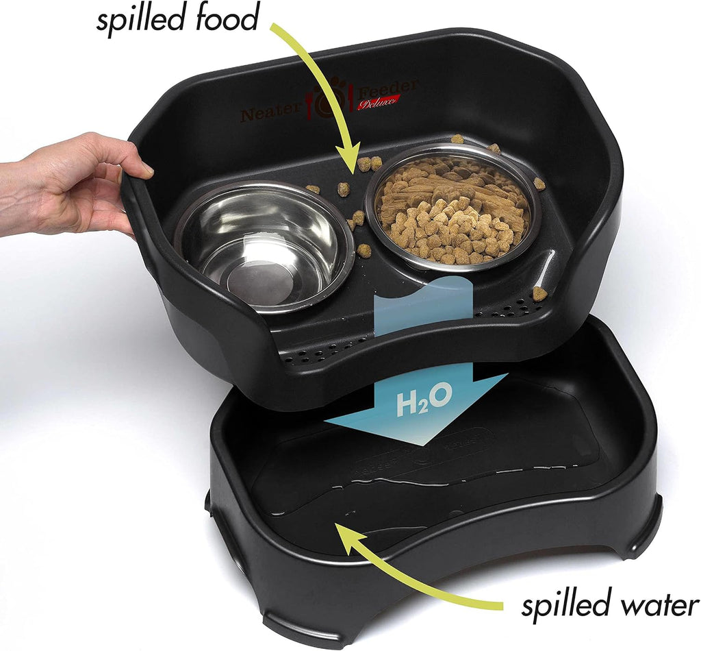 Neater Feeder - Tazones elevados de lujo para perros grandes a prueba de desorden (40 + libras), 2 alturas ajustables (14.5 y 17.5 pulgadas), soporte elevado para tazón de perro sin derrames, juego de cuencos de comida de acero inoxidable, fabricado en