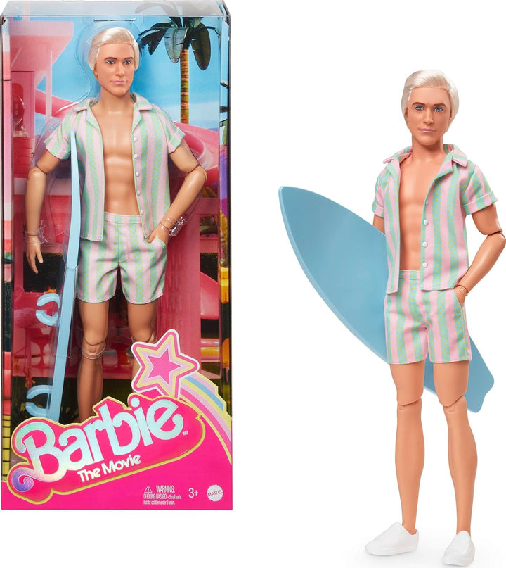 Barbie The Movie Ken Doll con juego de playa a rayas rosa pastel y...
