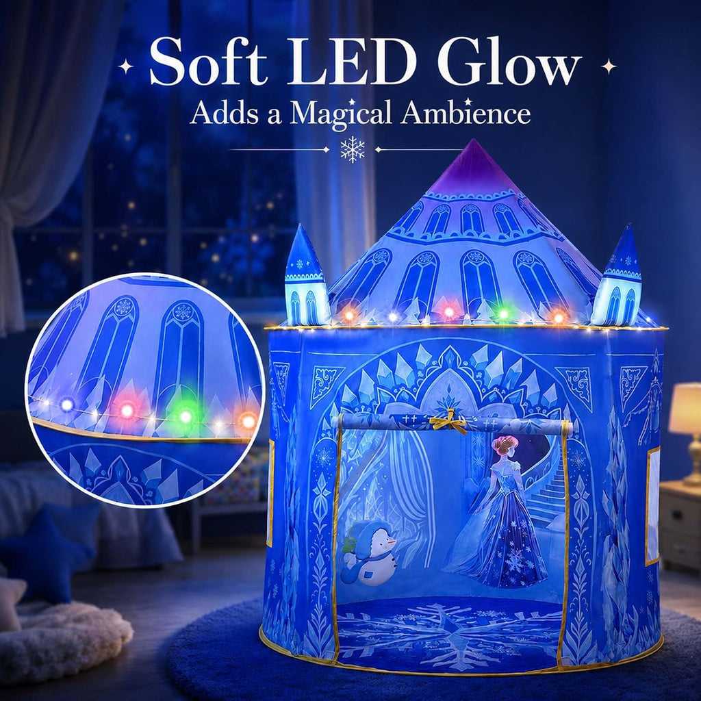 Tienda de campaña desplegable de princesa, juguetes congelados para niñas, grande de 53 x 41 pulgadas, castillo de hielo para interiores y exteriores, con luces LED y bolsa de transporte, regalo ideal para edades de 3 a 6 años