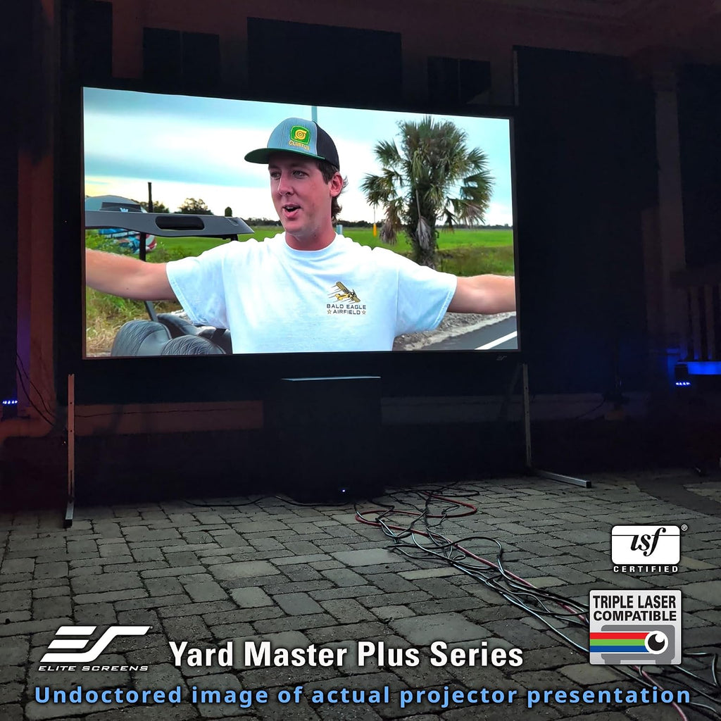 Elite Screens Yard Master Plus, pantalla portátil ajustable en altura de 145 pulgadas 16:9, pantalla de proyección para cine al aire libre y en interiores, 4K HD, proyección frontal, empresa con sede