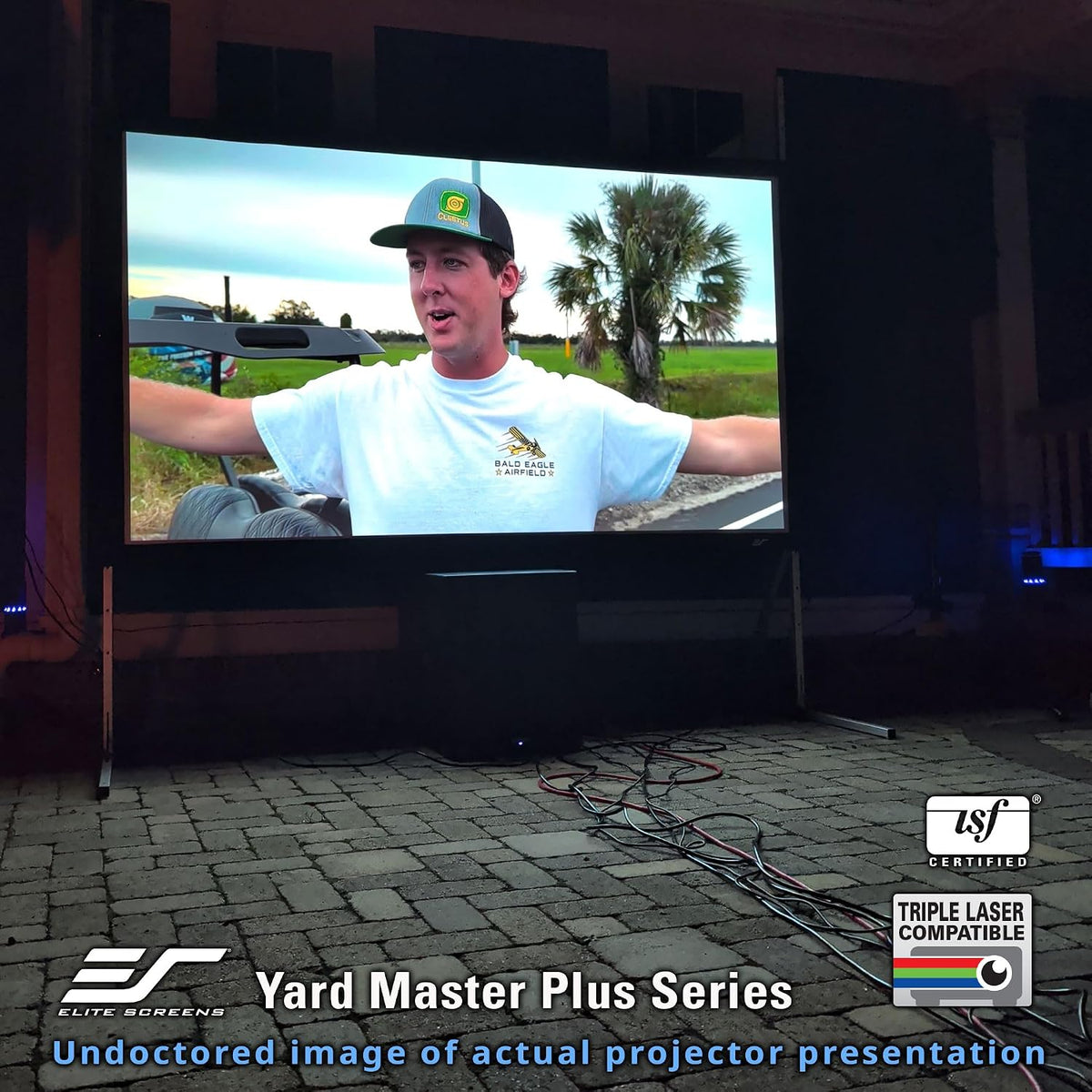 Elite Screens Yard Master Plus, pantalla portátil ajustable en altura de 145 pulgadas 16:9, pantalla de proyección para cine al aire libre y en interiores, 4K HD, proyección frontal, empresa con sede