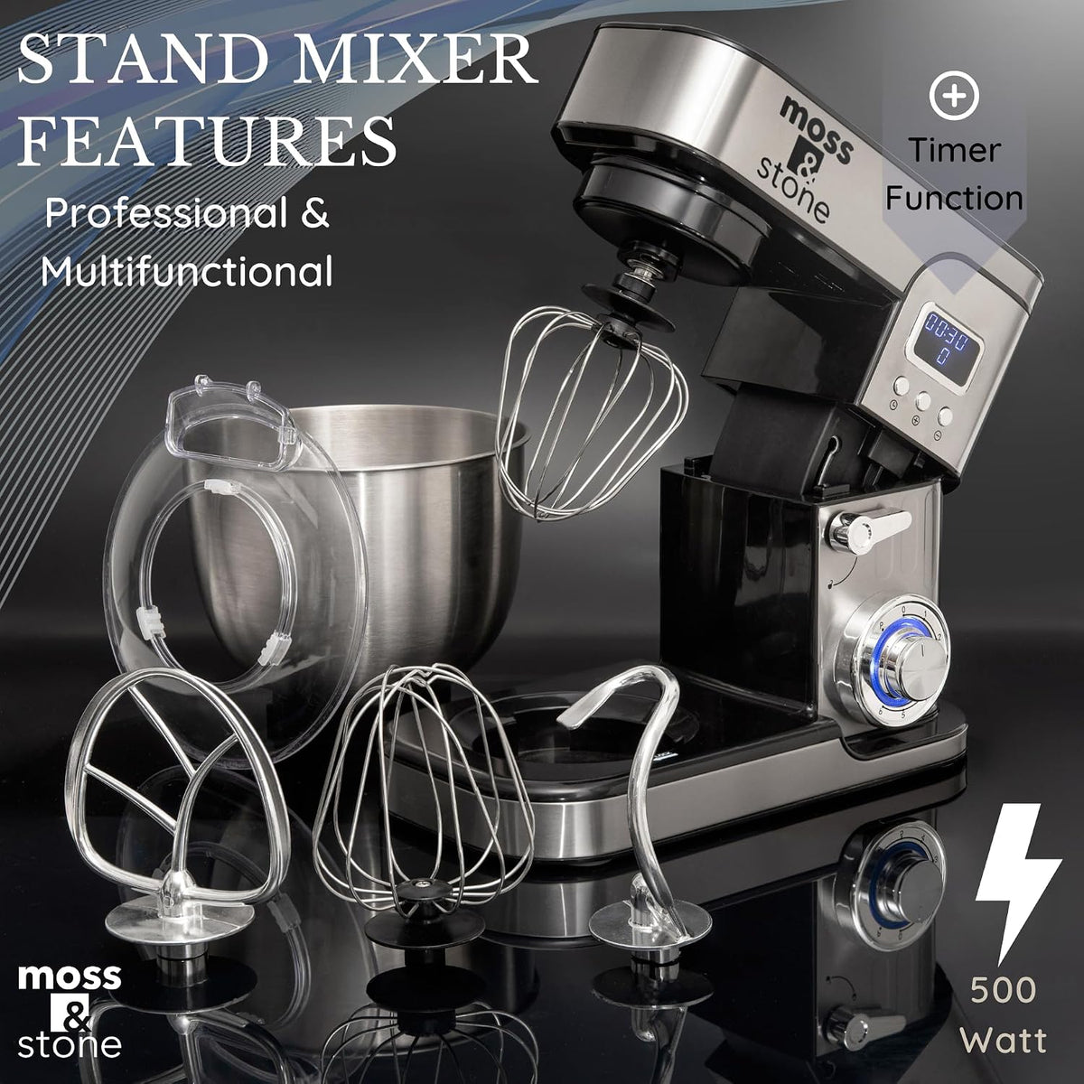 Mezclador de pie Moss & Stone con pantalla LCD, mezclador eléctrico de 6 velocidades con tazón de mezcla de acero inoxidable de 5.5 cuartos, mezclador de cocina con gancho para masa, batidor de huevos