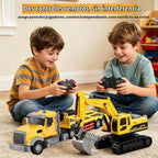 Semirremolque RC con juego de juguetes de excavadora, tractor de ingeniería de semirremolque RC de 24 pulgadas con excavadora, camión 1:24 con luces LED y música, gran regalo para niños y niñas