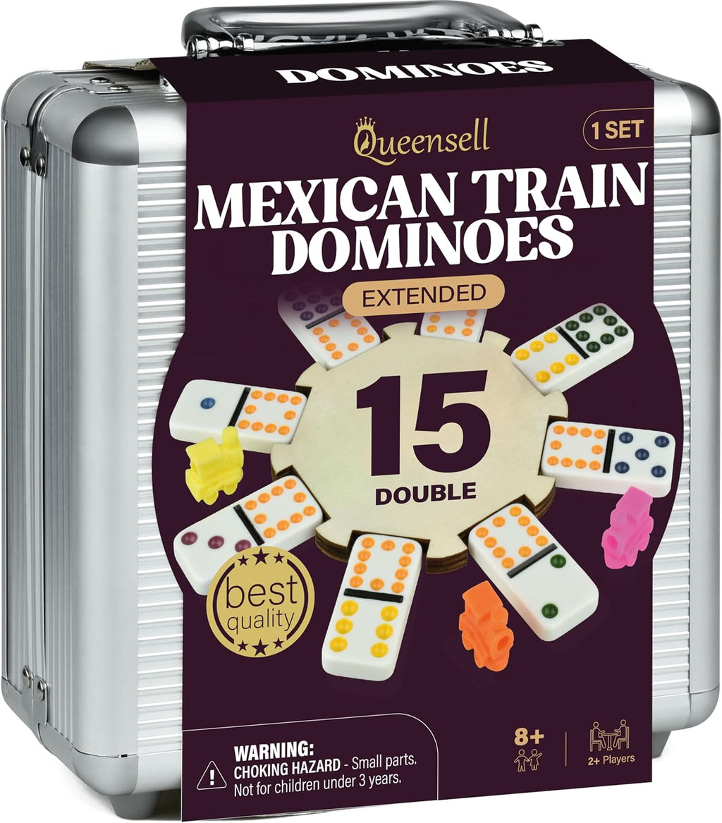 Queensell Juego de dominó de tren mexicano doble 15 para adultos y familia, juego de dominó doble de tren mexicano de 15 puntos de colores, 136 azulejos, 9 trenes, cubo de madera, caja de aluminio (doble 15)
