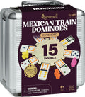 Queensell Juego de dominó de tren mexicano doble 15 para adultos y familia, juego de dominó doble de tren mexicano de 15 puntos de colores, 136 azulejos, 9 trenes, cubo de madera, caja de aluminio (doble 15)