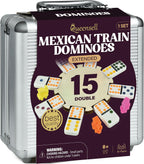 Queensell Juego de dominó de tren mexicano doble 15 para adultos y familia, juego de dominó doble de tren mexicano de 15 puntos de colores, 136 azulejos, 9 trenes, cubo de madera, caja de aluminio (doble 15)