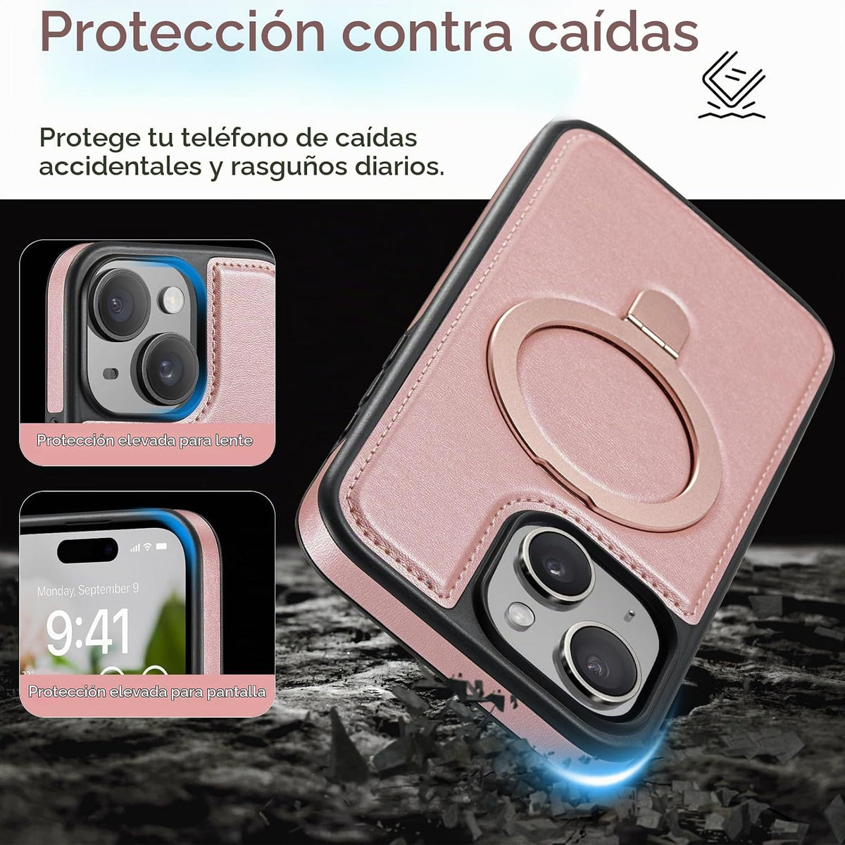 Funda para iPhone 15 con Soporte Compatible con Magsafe de Cuero Delgado y TPU Duradero a Prueba de Caídas Kickstand Magnético Funda Protectora para Teléfono con Protector de Pantalla de