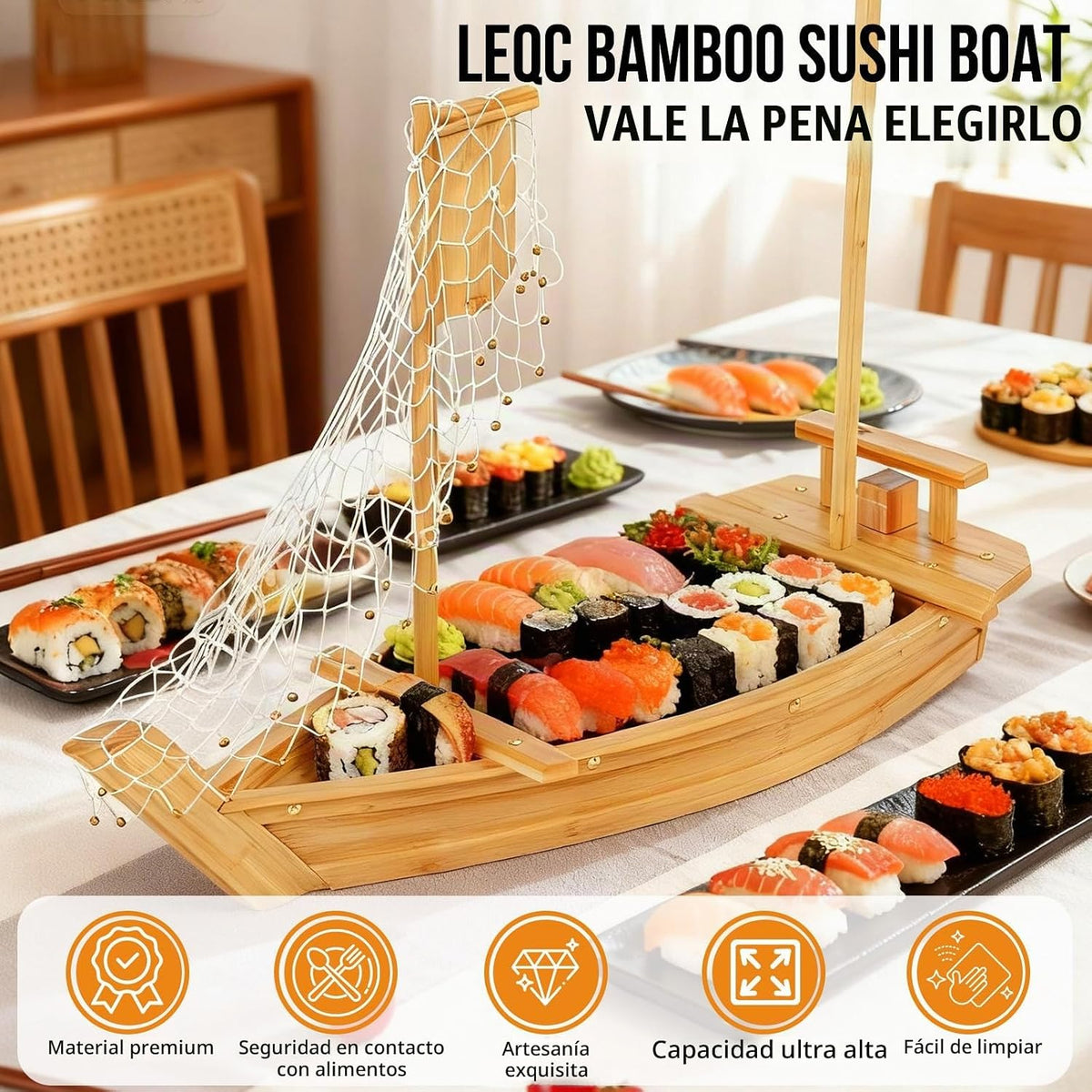 Bandeja de bambú de 31.5 pulgadas para servir sushi – Bandeja de sushi extra grande y tablero de exhibición, estilo barco de madera japonés para sushi, sashimi, fiesta de mariscos, plato de