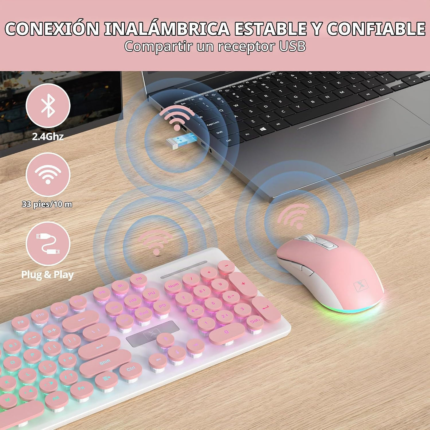 Vumilstek Teclado y mouse rosa retroiluminado, máquina de escribir...