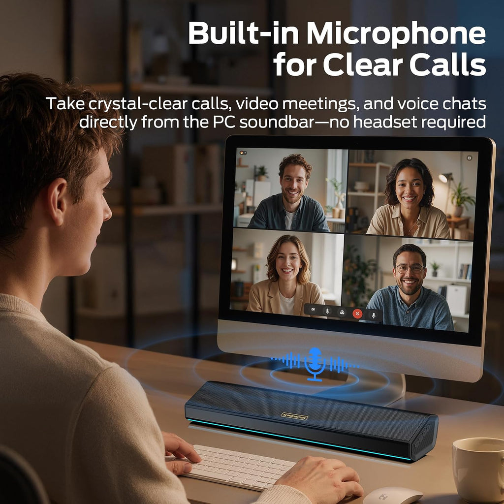 Monster SD100 Altavoces de computadora para PC de escritorio, altavoces estéreo de PC de 28 W con emparejamiento inalámbrico TWS, Bluetooth 6.0 y barra de sonido auxiliar de 0.1 in, graves profundos