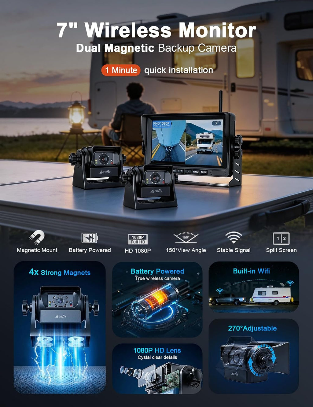 EWAY 2 cámaras magnéticas inalámbricas WiFi de respaldo de 7 pulgadas, monitor IPS HD 1080P, batería recargable sin cableado, cámara de enganche de monitoreo trasero para automóvil, camión, camioneta, caravana, cámper, quinta rueda, caballo, barco