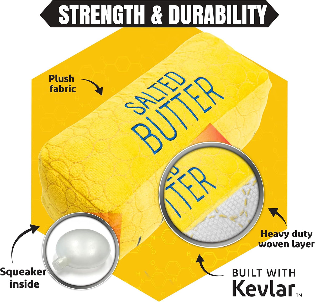 Bite Force Juguete para perros – Mantequilla salada de felpa grande, duradera y fuerte con chirriador, reforzada con Kevlar para masticadores agresivos.