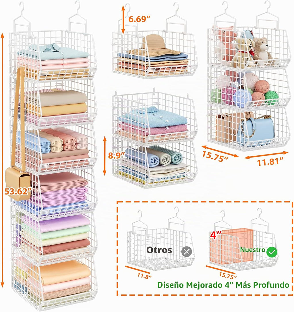 Organizador de armario colgante de profundidad extendida de 6 niveles, estantes colgantes de almacenamiento con ganchos para colgar ropa, suéteres, toallas, bolsos, cubos de malla metálica apilables