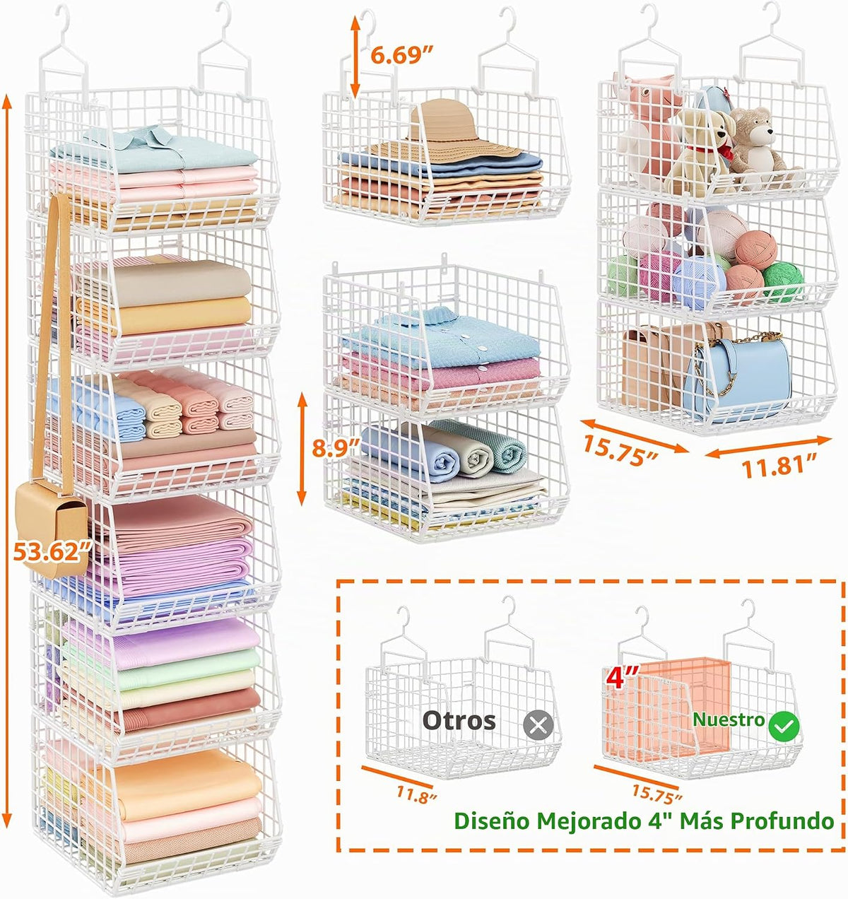 Organizador de armario colgante de profundidad extendida de 6 niveles, estantes colgantes de almacenamiento con ganchos para colgar ropa, suéteres, toallas, bolsos, cubos de malla metálica apilables