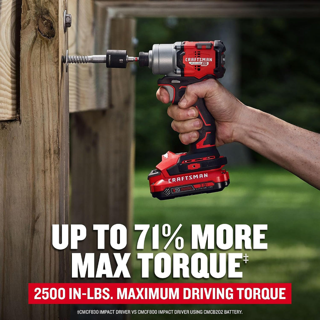 CRAFTSMAN V20 Atornillador de Impacto Inalámbrico Brushless, 1/4, Incluye 2 Baterías y Cargador (CMCF830D2)