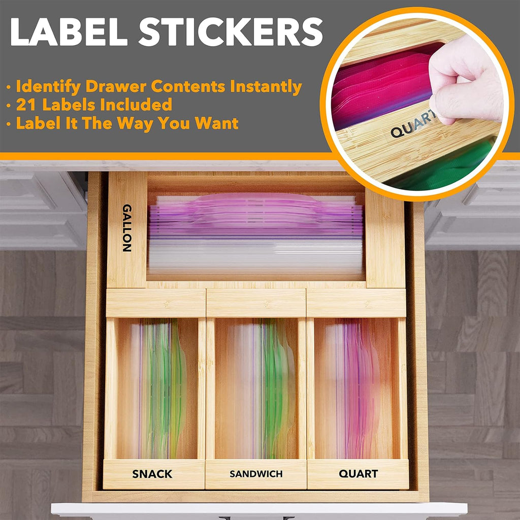 SpaceAid Organizador de almacenamiento de bolsas para cajón de cocina, Organizador de bambú, Compatible con galón, cuarto de galón, sándwiches y aperitivos, para bolsas de distintos tamaños (4