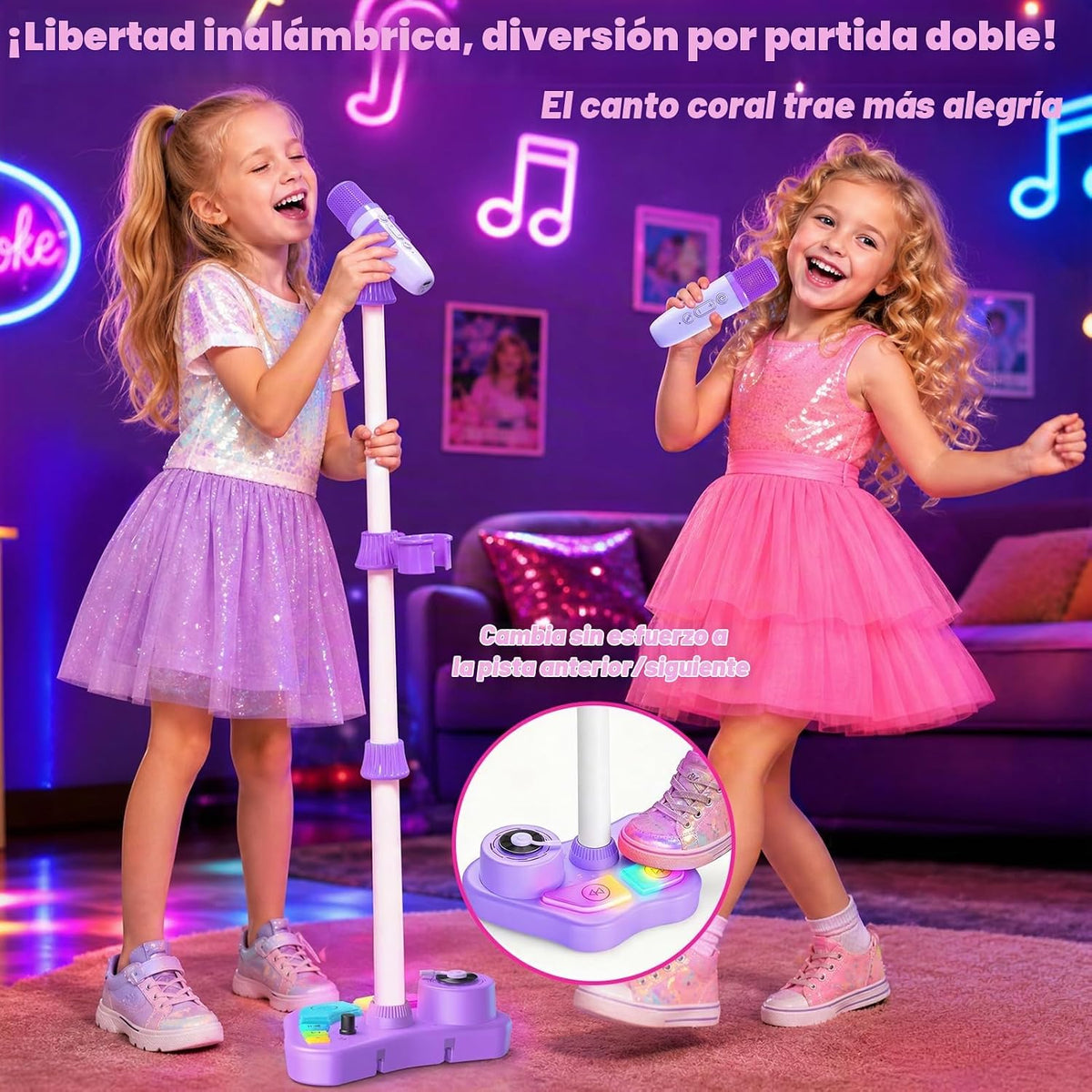 Máquina de karaoke recargable para niños, juguetes con 2 micrófonos inalámbricos, regalos de micrófono para niñas de 3, 4, 5, 6, 7, 8 años, nietos, altavoz Bluetooth con luces LED, regalo de cumpleaños para niños de 3 a 8 años