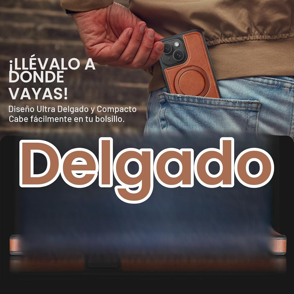 Funda para iPhone 15 con Soporte Compatible con Magsafe de Cuero PU Delgado y TPU Duradero a Prueba de Caídas Soporte Magnético Plegable Funda Protectora para Teléfono con Protector de