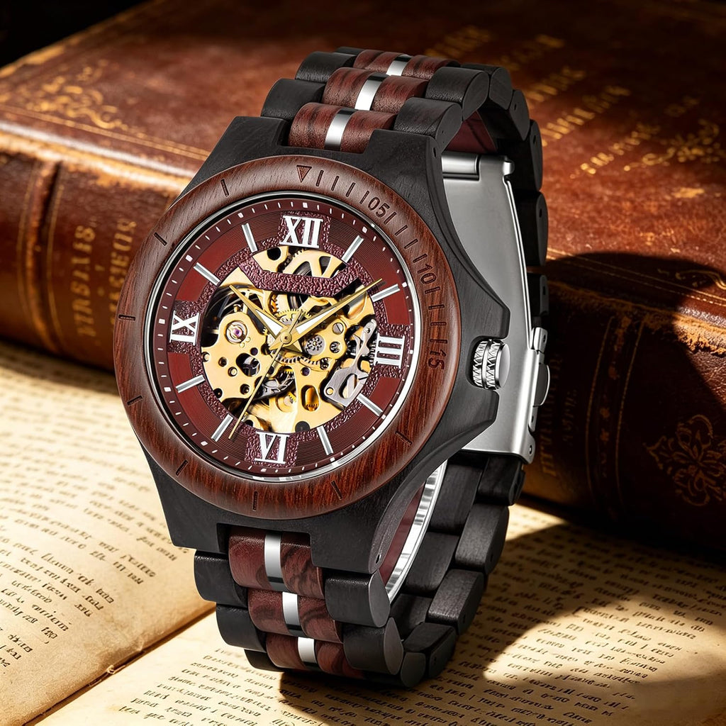 Reloj mecánico de madera para hombre Tiong, reloj automático esqueleto con caja de regalo