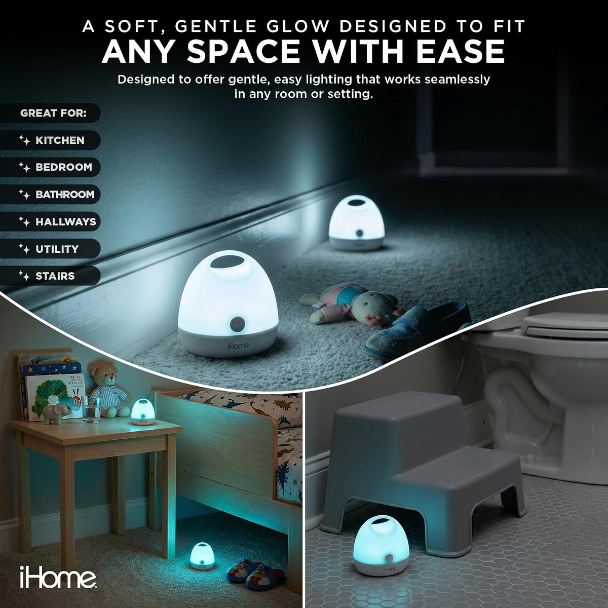 iHome Luz nocturna LED que cambia de color, paquete de 3, inalámbrica, funciona con pilas, iluminación de 360°, cambio de color RGBW y regulable