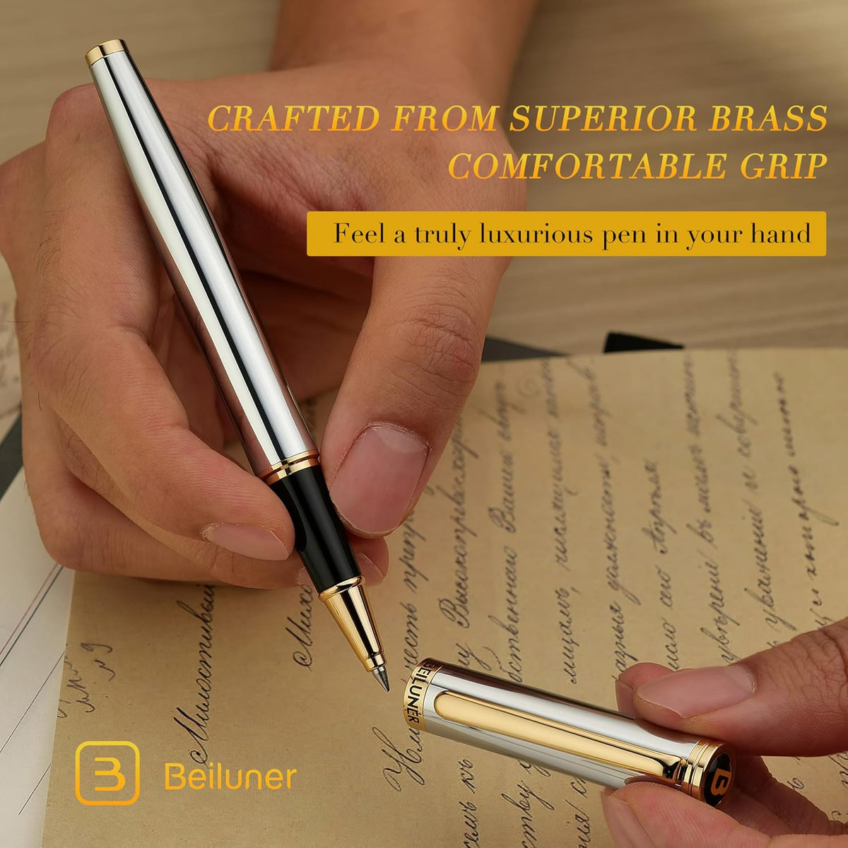 BEILUNER - Bolígrafo de lujo con bola de rodillo, impresionante diseño de cromo plateado con acabado en oro de 24 quilates, diseños nobles y elegantes, repuesto de tinta Schneider, el mejor bolígrafo