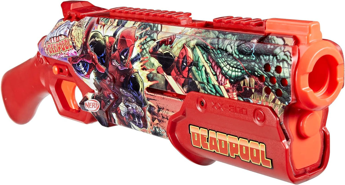 Nerf Marvel Deadpool Blaster, 16 Nerf Rival Accu-Rounds, acción a través de bomba, carga por la culata, Regalos para adolescentes, 14+