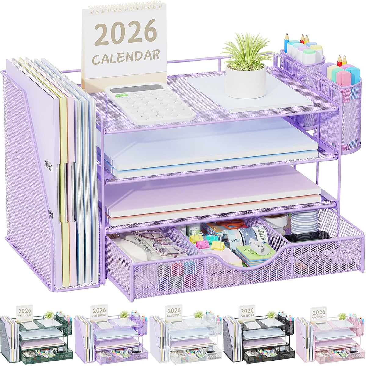 gianotter Organizadores de Escritorio y Accesorios con Portalibros, Accesorios de Escritorio de 4 Niveles y Organizadores de Espacio de Trabajo con Cajón y 2 Porta Lápices, Organizador de Papeles para Suministros de Oficina (Purple)