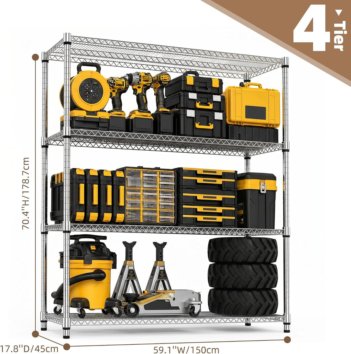 M MZG Estantería de garaje resistente de 4 estantes, estante de almacenamiento ajustable para cocina, lavandería, baño, despensa, capacidad de 2640 libras, color plateado, 17.7 x 59.1 x 70.4 pulgadas