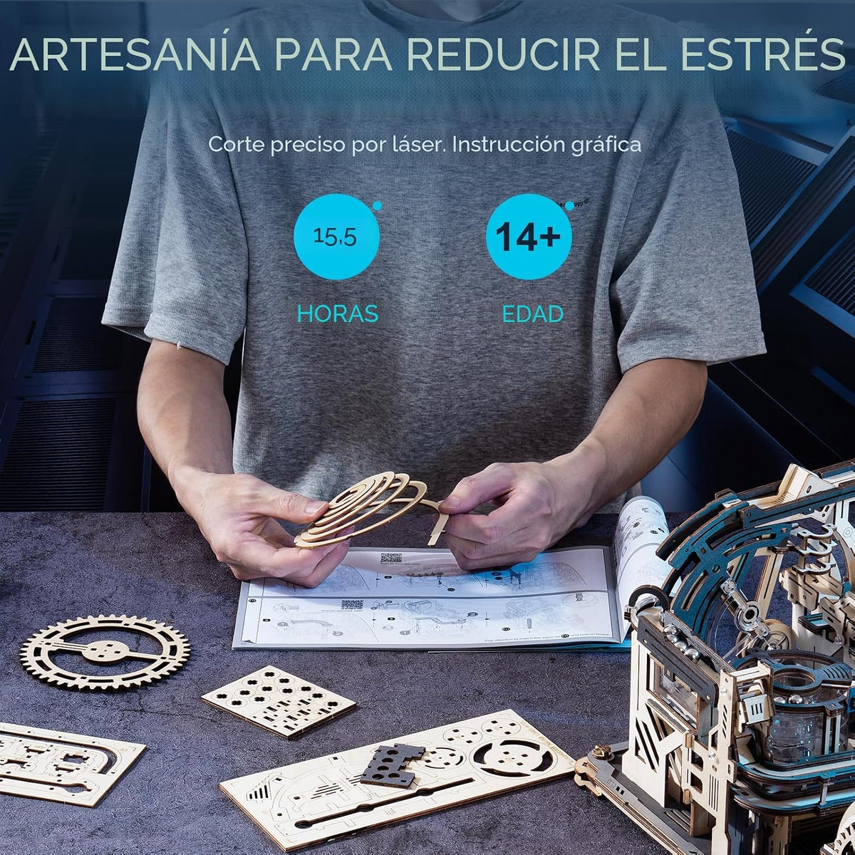 ROKR Pista de Canicas Eléctrica de Madera 3 en 1, Rompecabezas 3D para Adultos, Kits de Juguetes de Construcción de Modelos de Madera, Regalo Ideal para Chicos y Hombres