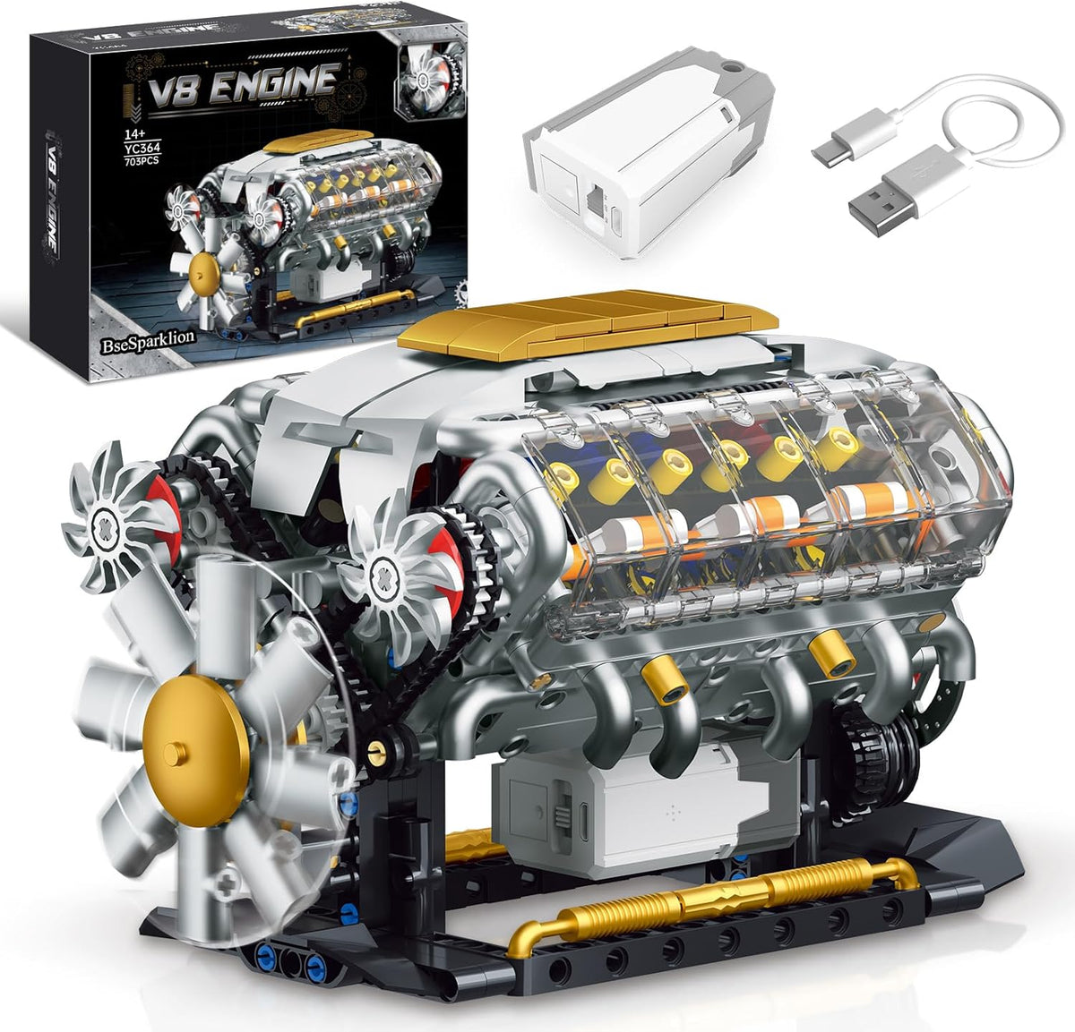 V8 Kit de modelo de motor que funciona, construye tu propio mini motor de automóvil visible, juego de construcción de experimentos de ciencia física para adultos y adolescentes, juguete STEM regalo para niños mayores de 14 años (703 piezas)